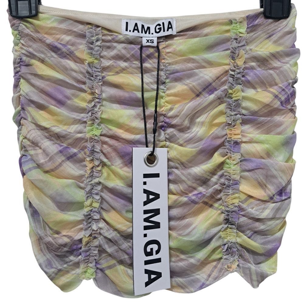 I.AM.GIA Parton Sexy Ruched Bodycon Mini Skirt Purple Multi-Color XS NWT